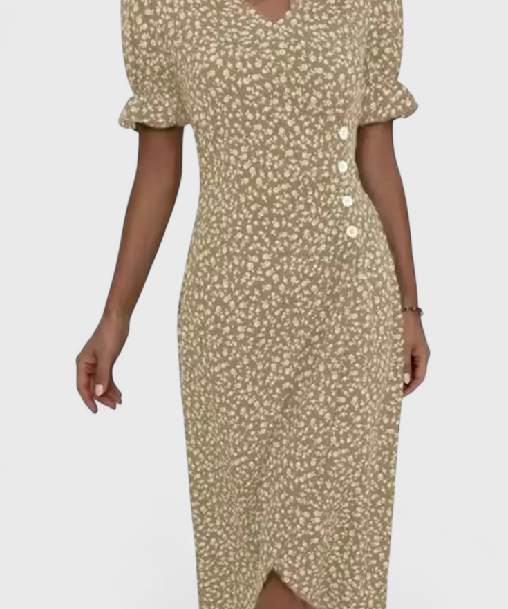 Joana Vestido Midi Floral con Escote en V y Mangas Cortas