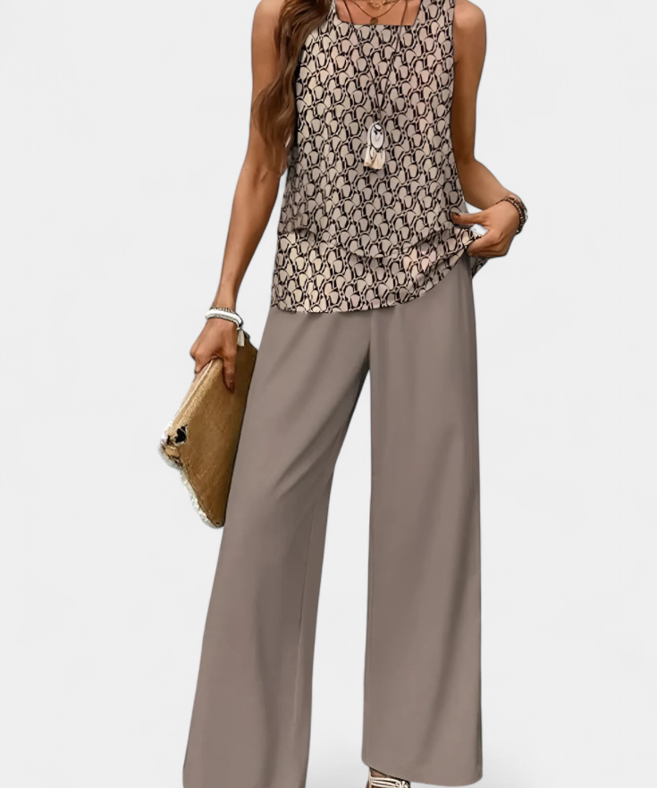 Martina Conjunto Boho Elegante Sin Mangas con Pantalón Recto Estampado