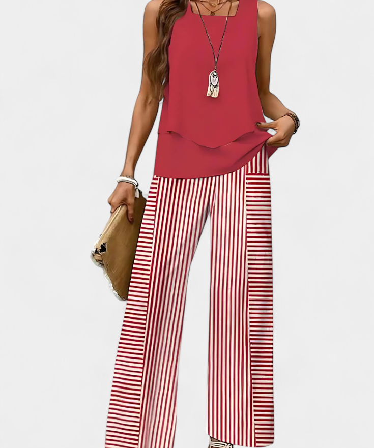Martina Conjunto Boho Elegante Sin Mangas con Pantalón Recto Estampado