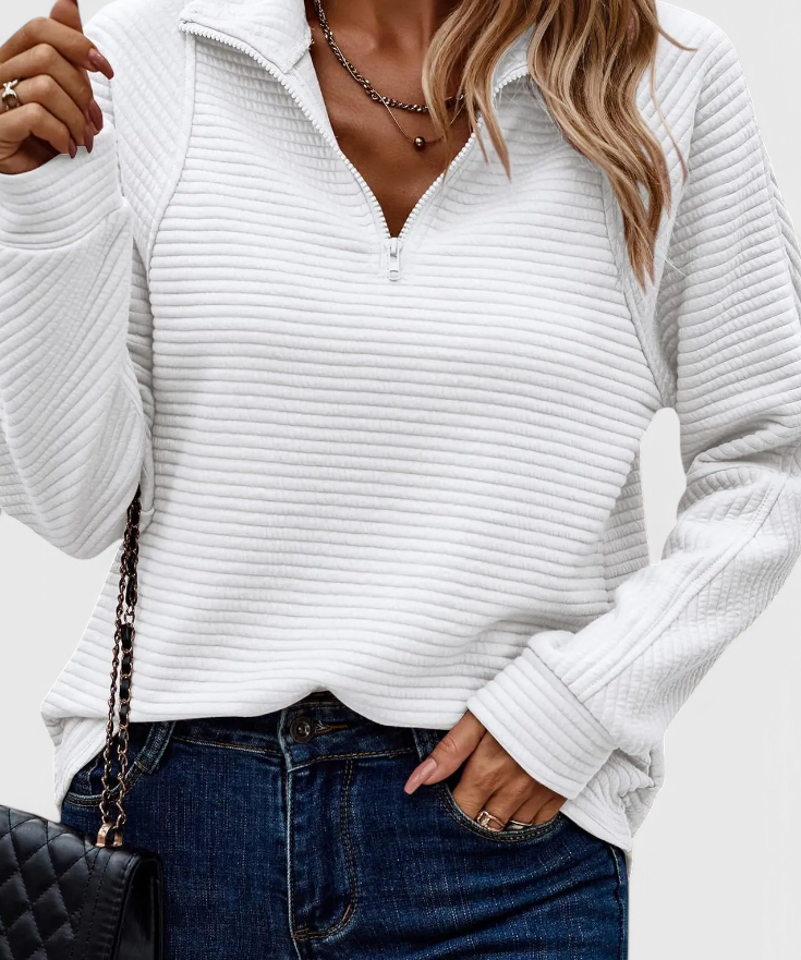 Helene Jersey de Cuello en V con Cremallera y Manga Larga