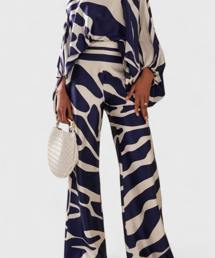 Sybella Conjunto Estampado de Dos Piezas con Pantalones de Pierna Ancha