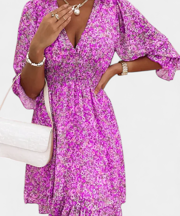 Benicia Vestido Floral de Manga Abullonada con Dobladillo Juguetón