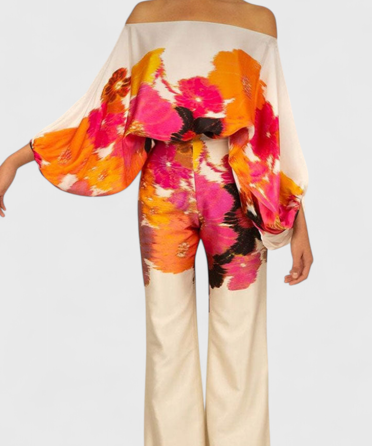 Sybella Conjunto Estampado de Dos Piezas con Pantalones de Pierna Ancha