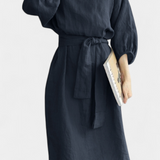 Krisbel Vestido de Lino Algodón con Cintura Anudada