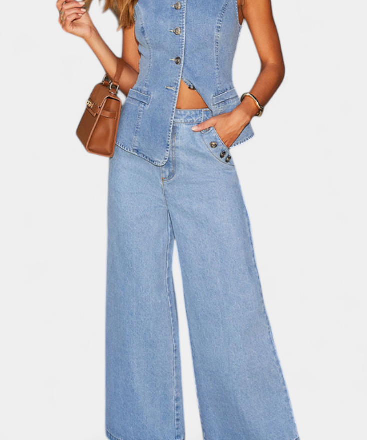 Ludovica Conjunto de Denim con Chaleco Ajustado y Jeans de Pierna Ancha