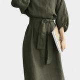 Krisbel Vestido de Lino Algodón con Cintura Anudada