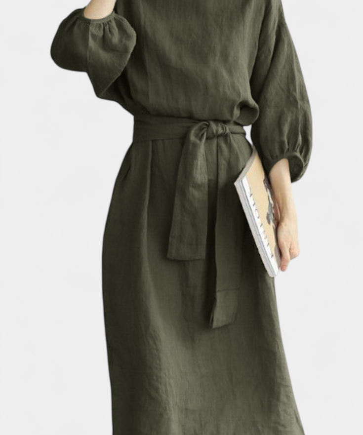 Krisbel Vestido de Lino Algodón con Cintura Anudada