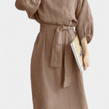 Krisbel Vestido de Lino Algodón con Cintura Anudada