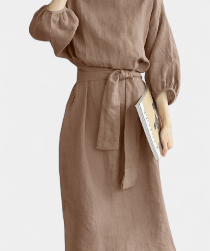 Krisbel Vestido de Lino Algodón con Cintura Anudada