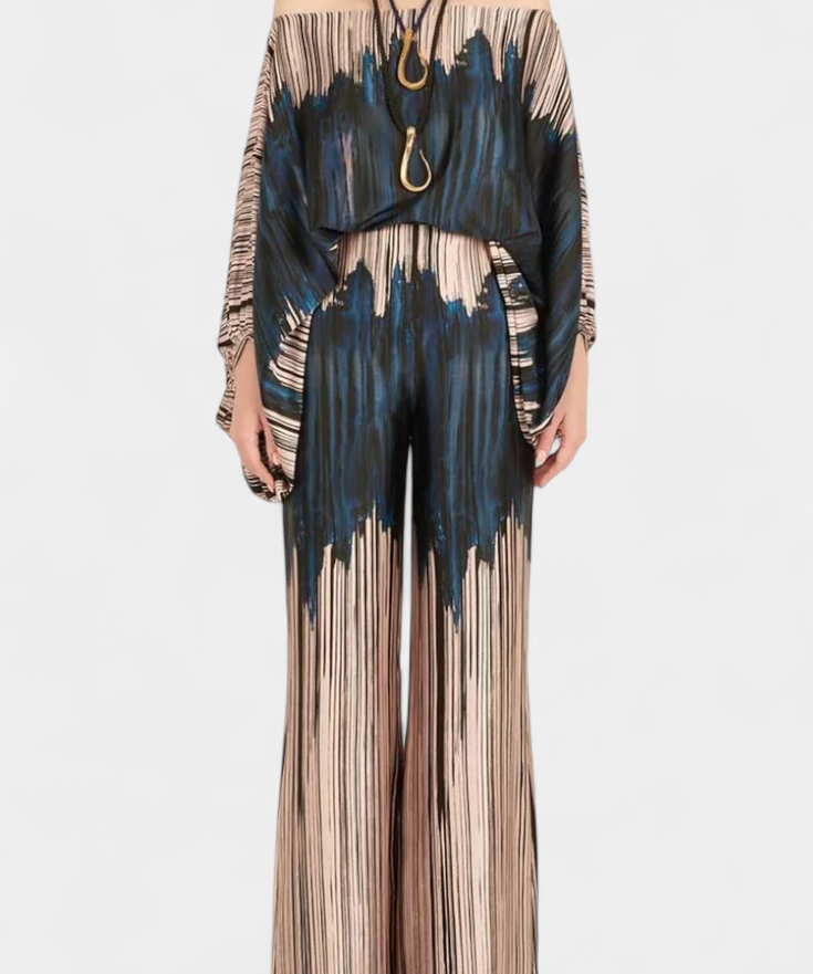 Sybella Conjunto Estampado de Dos Piezas con Pantalones de Pierna Ancha