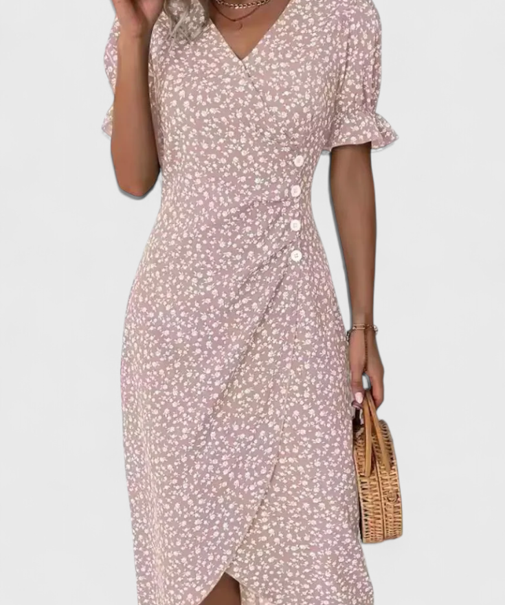 Joana Vestido Midi Floral con Escote en V y Mangas Cortas