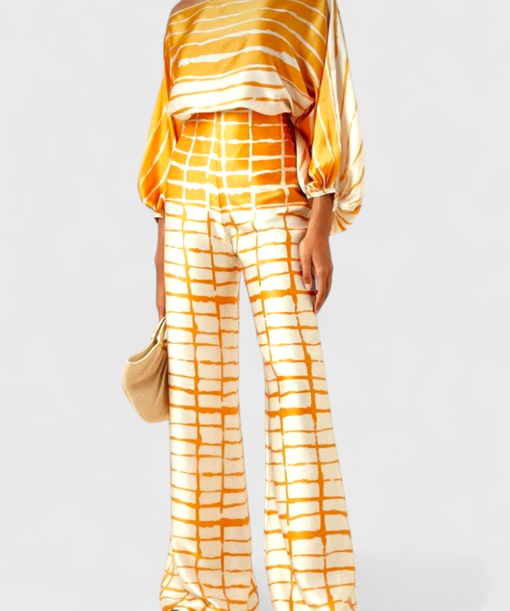 Sybella Conjunto Estampado de Dos Piezas con Pantalones de Pierna Ancha