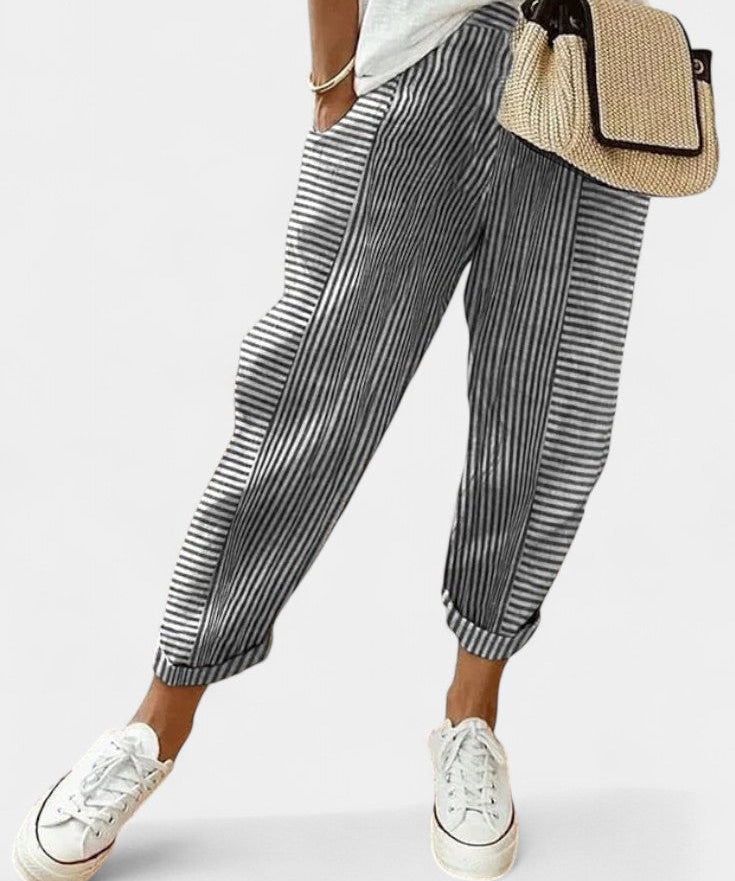 Alba Pantalones de Mezcla de Lino a Rayas