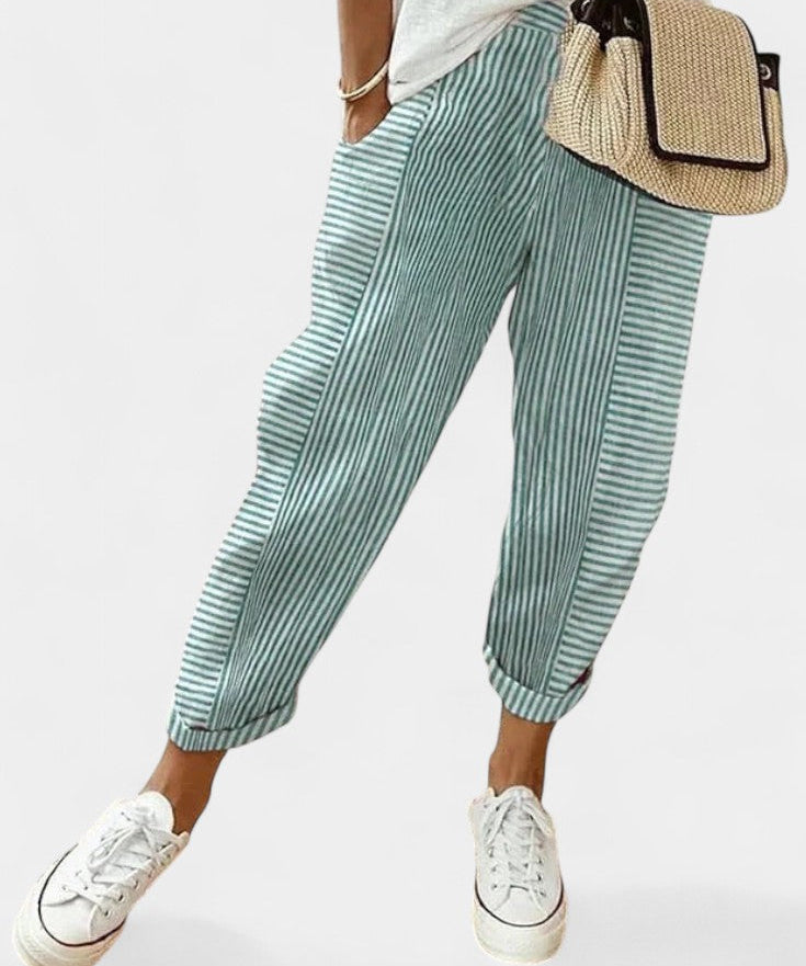 Alba Pantalones de Mezcla de Lino a Rayas
