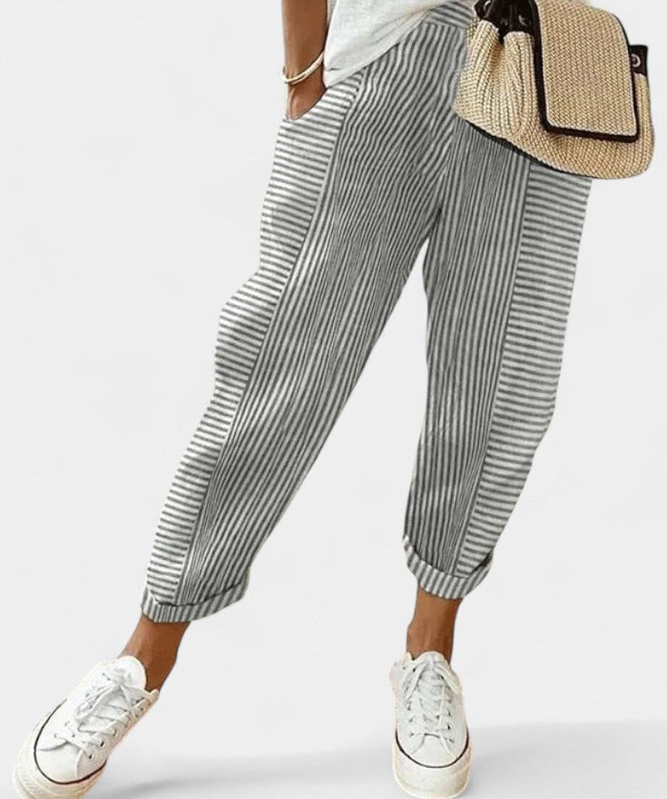 Alba Pantalones de Mezcla de Lino a Rayas