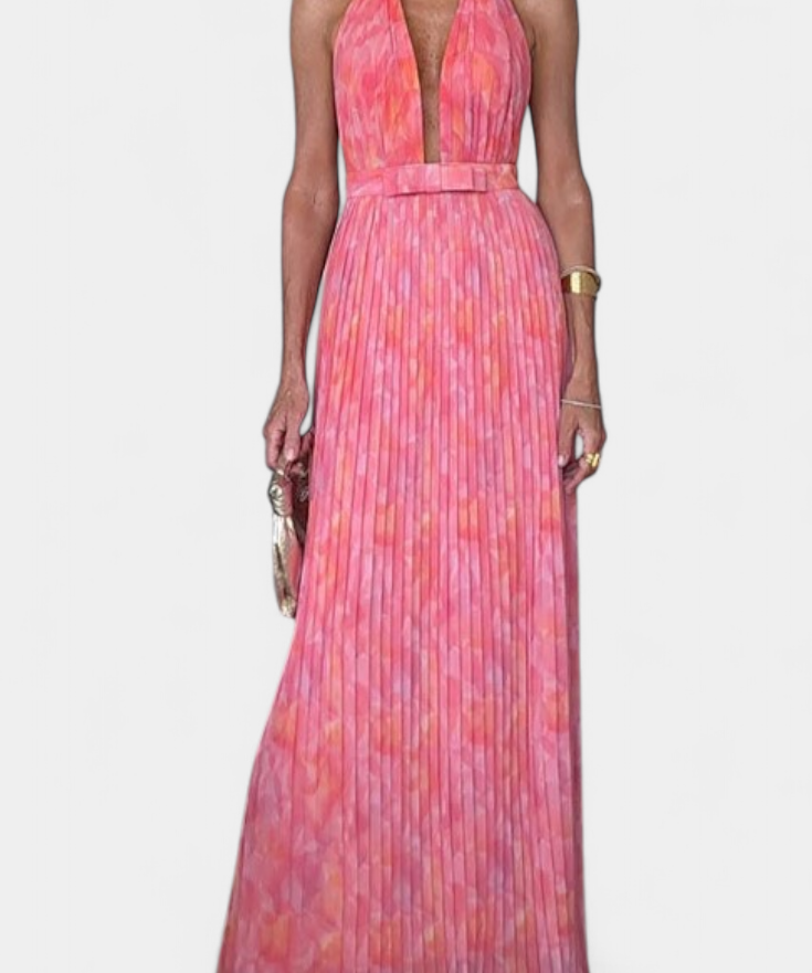 Prisca Vestido Maxi Plisado con Espalda Abierta y Cuello Halter
