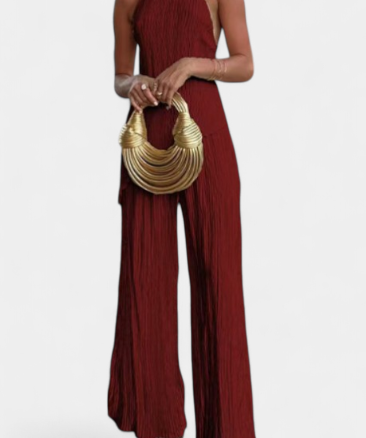 Pilarica Conjunto Elegante Plisado de Top Asimétrico y Pantalón Fluido