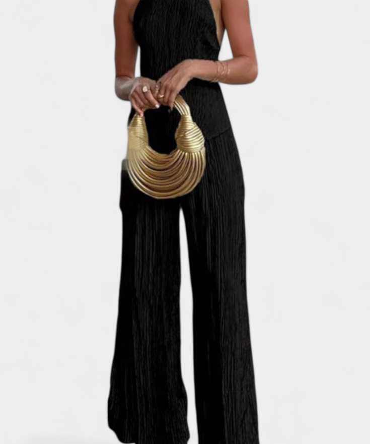 Pilarica Conjunto Elegante Plisado de Top Asimétrico y Pantalón Fluido
