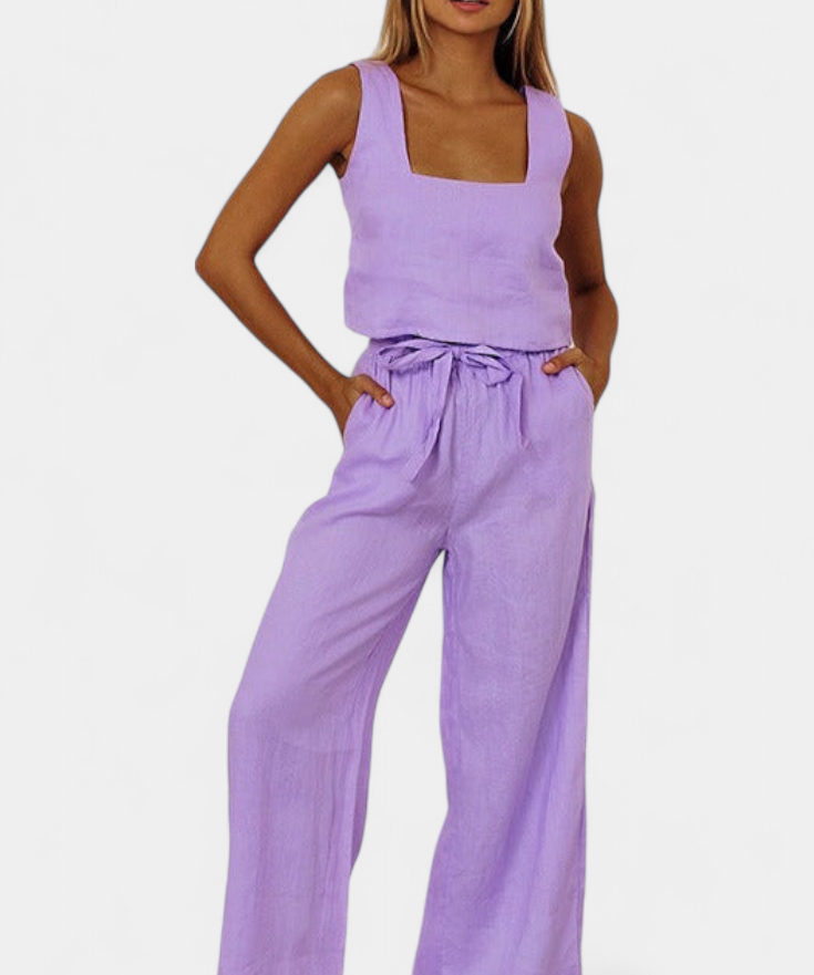 Pascuala Conjunto de Lino de Dos Piezas con Blusa sin Mangas y Pantalón Fluido