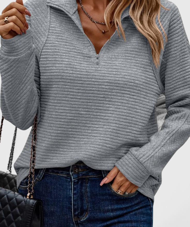 Helene Jersey de Cuello en V con Cremallera y Manga Larga