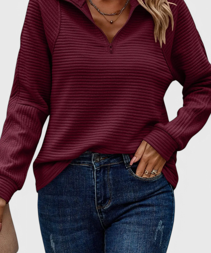 Helene Jersey de Cuello en V con Cremallera y Manga Larga