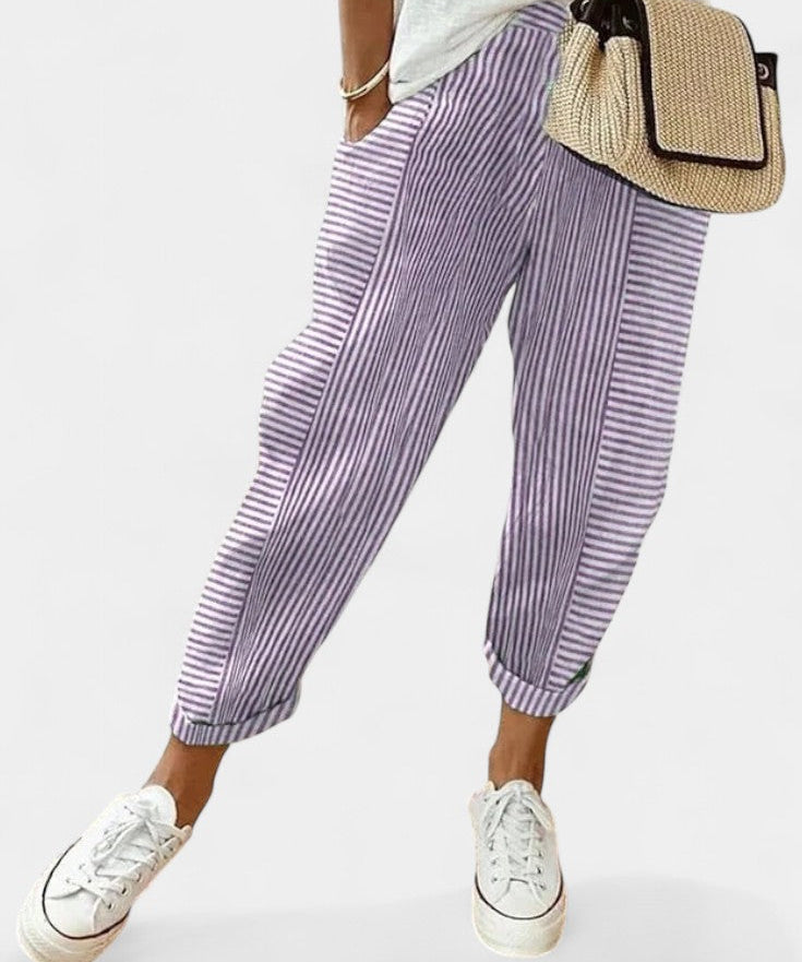 Alba Pantalones de Mezcla de Lino a Rayas