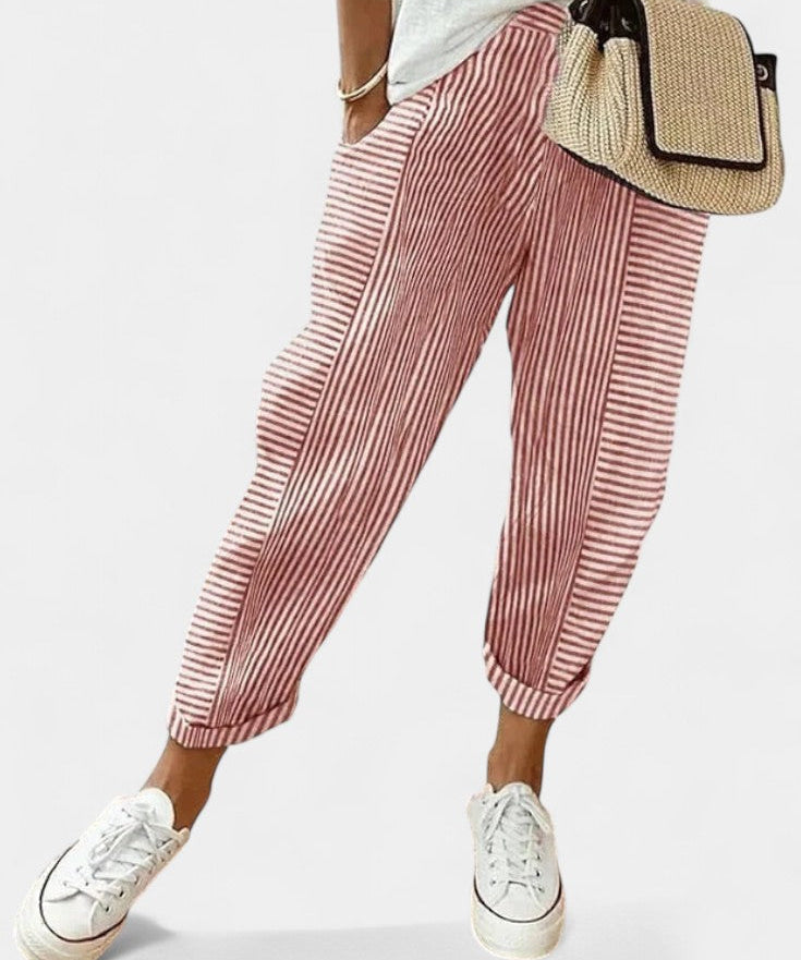 Alba Pantalones de Mezcla de Lino a Rayas